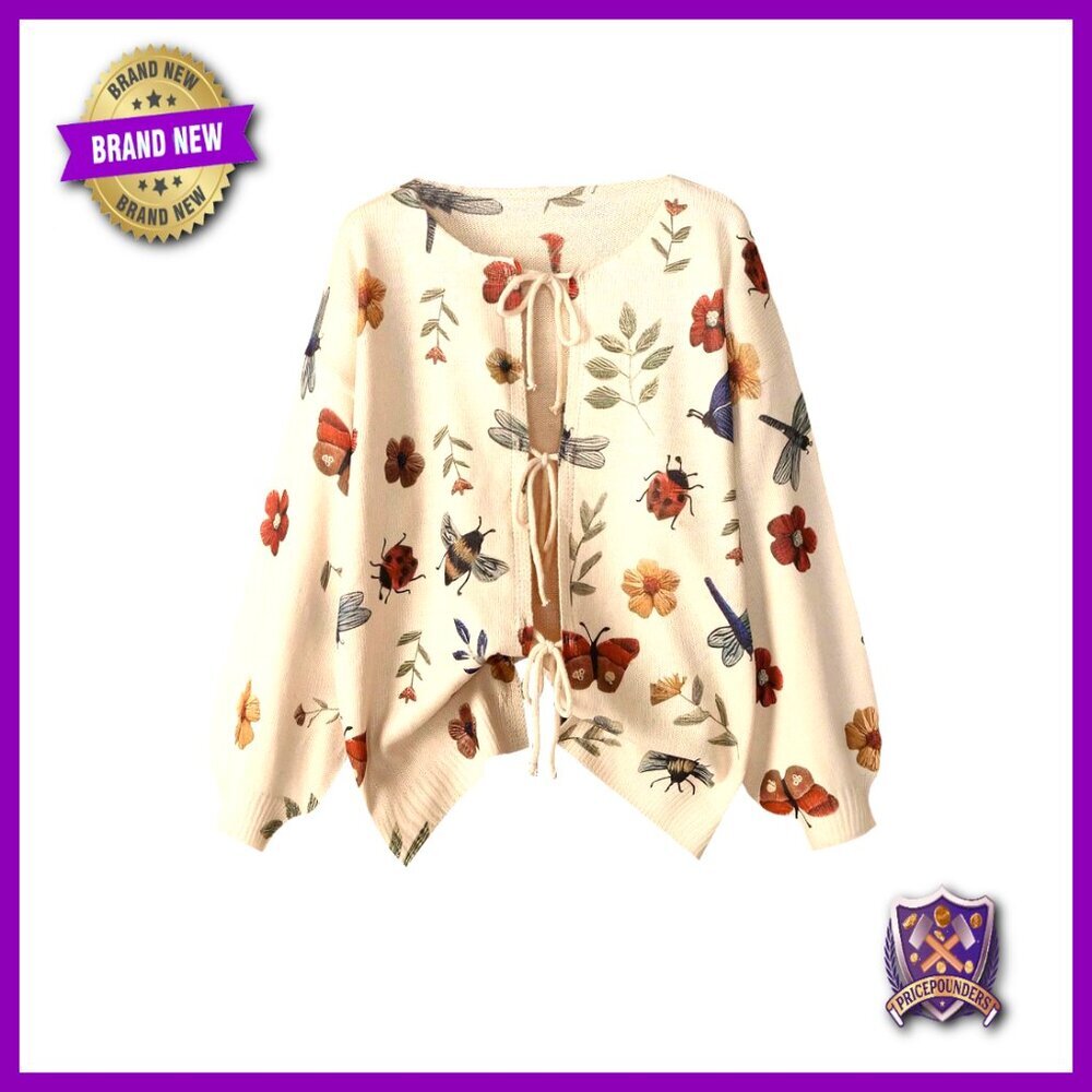 Plus Size Cardigan Sweater Chunky Knit Bow Tie Front Floral Long Sleeve